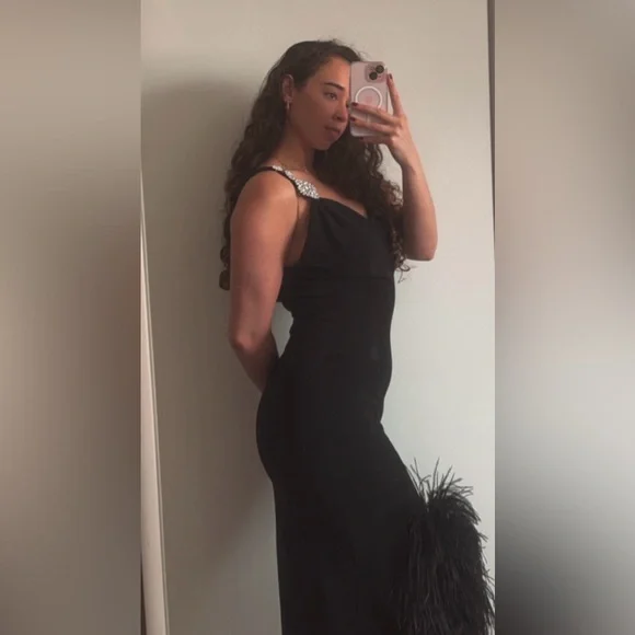 Vintage 90s Lillie Rubin Black Crystal Detailed Strap Feather Slit Evening Gown - Picture 7 of 17